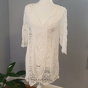 Solitaire Swim Unlined White Crochet Front 3/4 Sleeve Cotton Cover-Up Size S